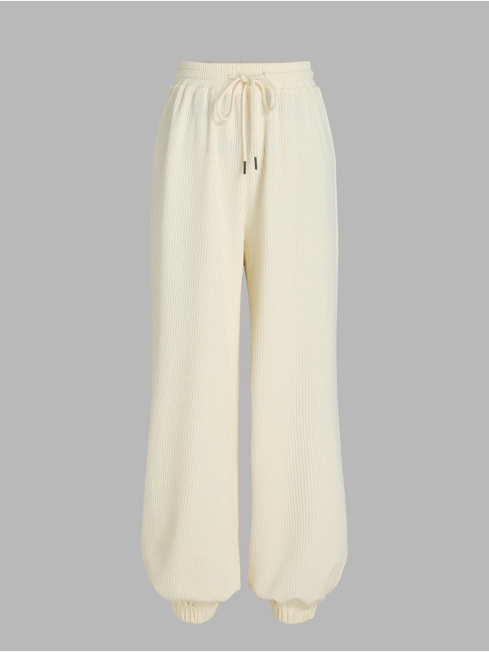 Cream Ribbed Drawstring Wide-Leg Jogger Pants
